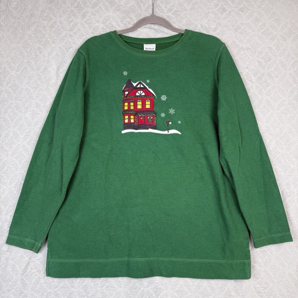 Vtg Waffle Knit Holiday Long Sleeve Women L Green Christmas Thermal Granny House